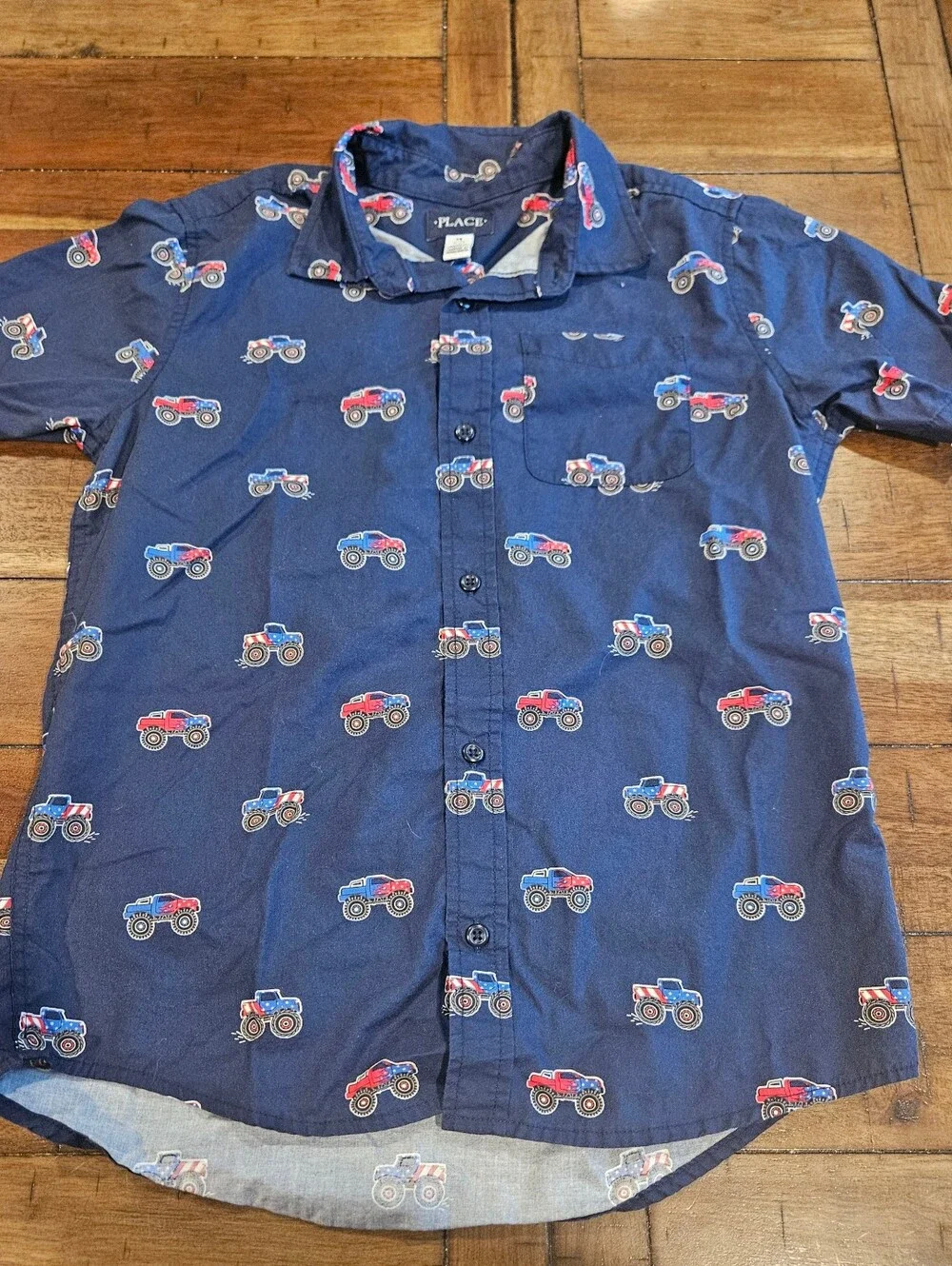 Children's Place Navy Button-Down with Red White Blue Monster Truck Print - 14